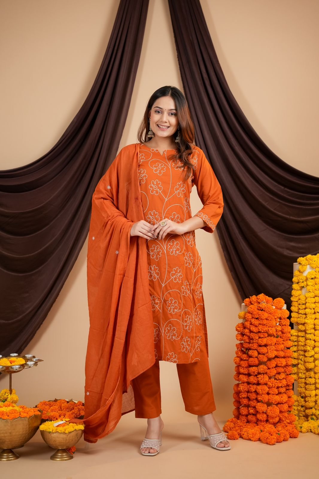 Orange Cotton Embroidered Khadi Suit Set